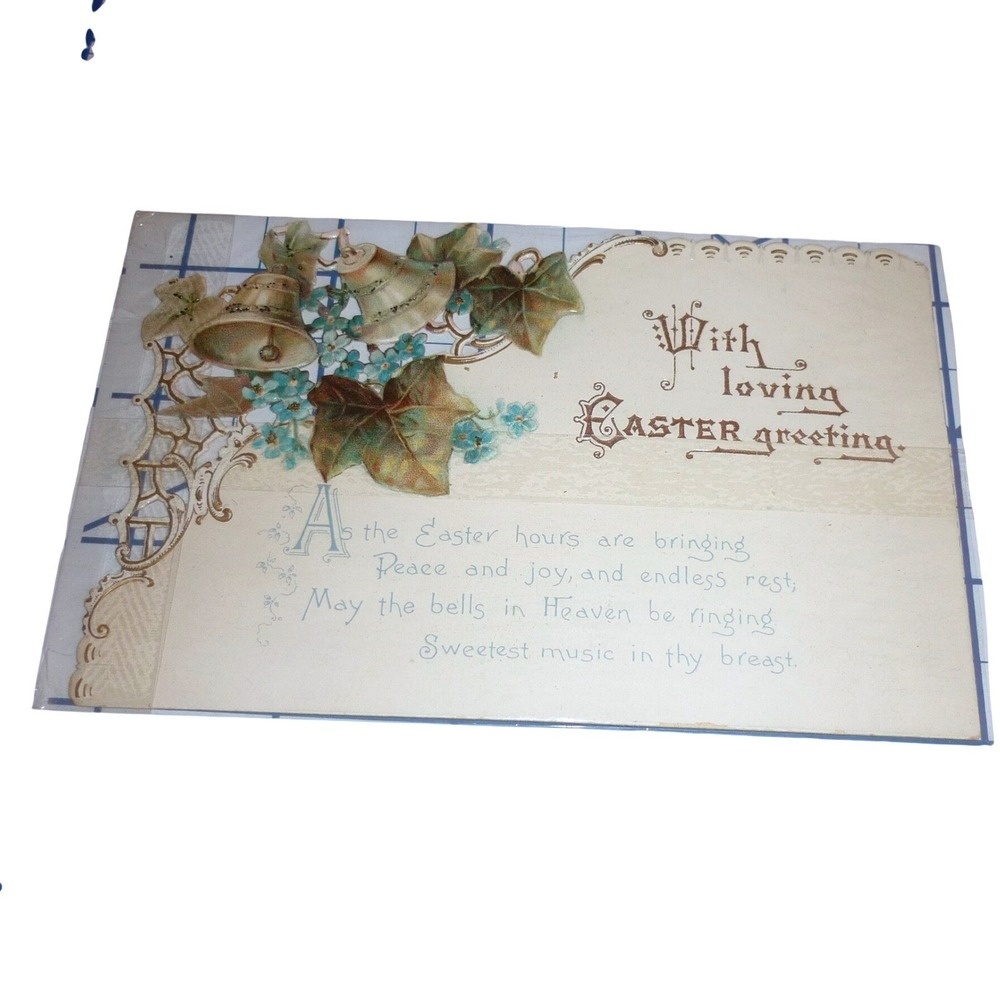 Antique Easter Postcard Embossed Die Cut Bells Ivy Forget Me Nots Unposted 1910s